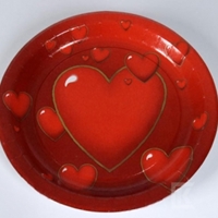 Talerze papierowe z serduszkami, średnica 23 cm czerwono/złote 10 szt