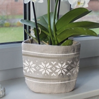 Osłona jutowa na doniczki szara "Wzór norweski biały" W:12,5 x Ś:14 cm